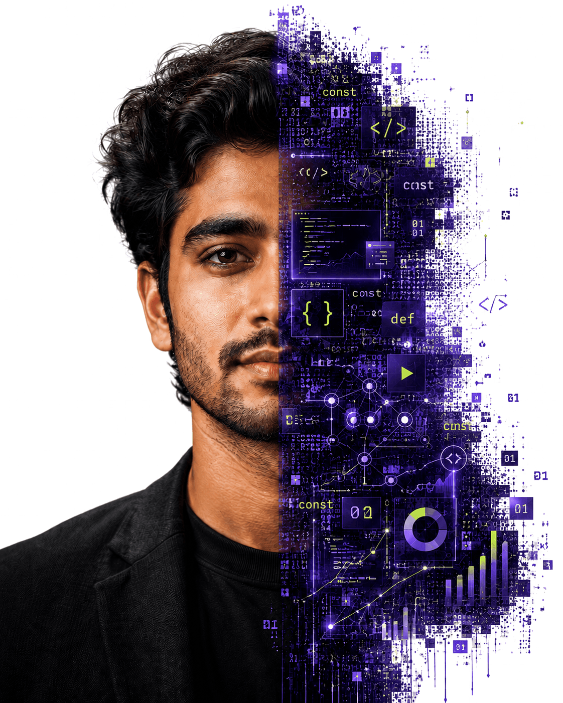 Conceptual half portrait with the other half formed entirely from programming, technology, analytics, and marketing elements